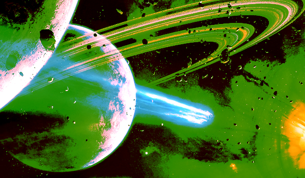 Asteroids drift past the rings of a distant planet