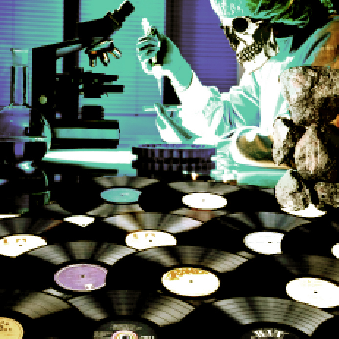 Dr. Octagon inspects a pile of intergalactic vinyl in the lab