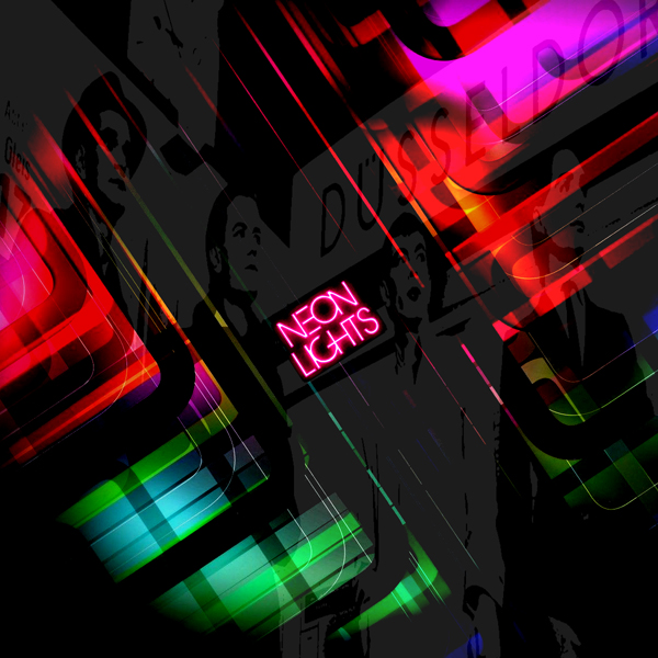 Kraftwerk waiting in a train station, melting into neon circuitry