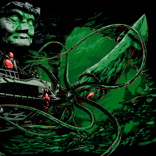 A giant squid attacks the Nautilus, an Atlantean statue looks on in the distance
