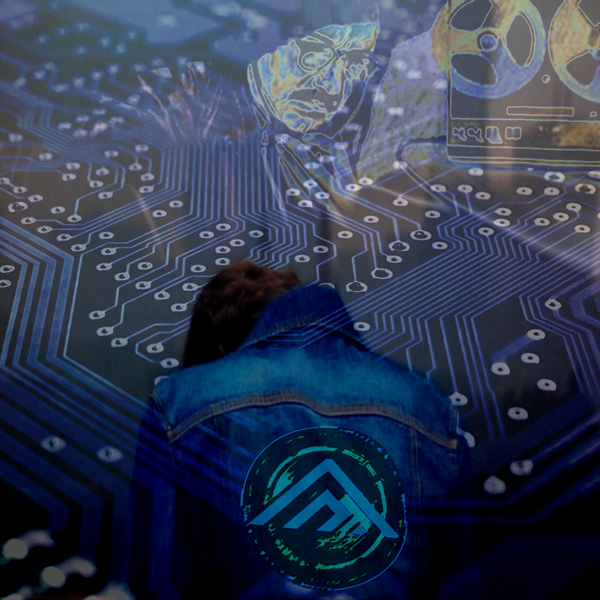 Man in a denim Parallax jacket stands in front of circuitry and Gene Hackman listens in