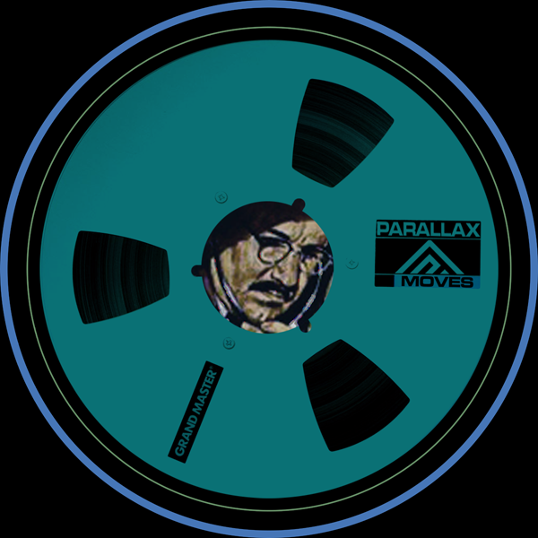 The Parallax Moves logo, with Gene Hackman listening within a reel to reel audio tape