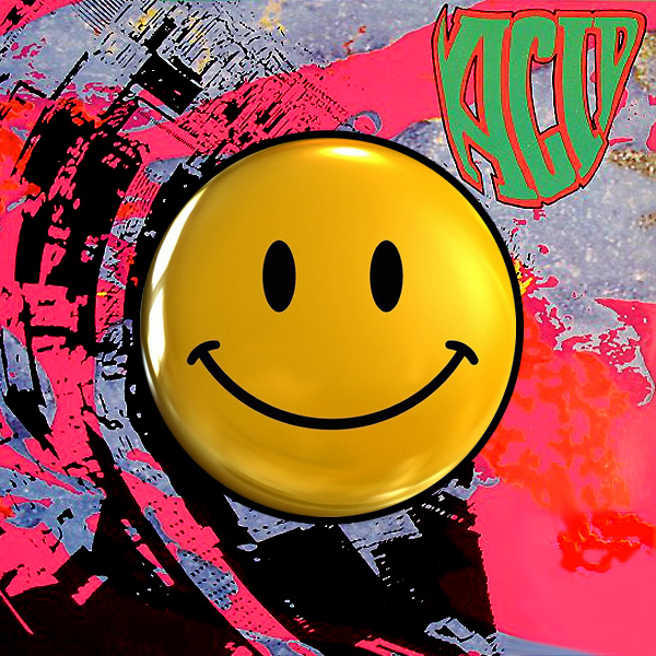 The smiley icon, the symbol of acid house, superimposed on the sleeve of a classic acid house compilation