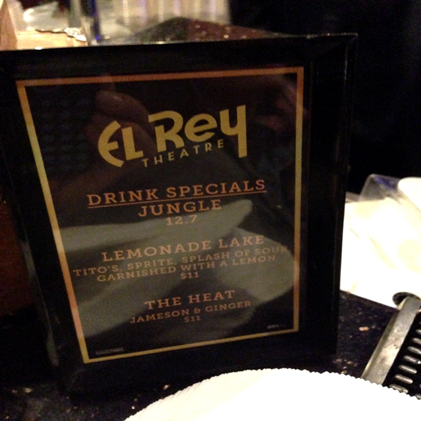 El Rey Theatre sign with Jungle Drink Specials, including Lemonade Lake and The Heat